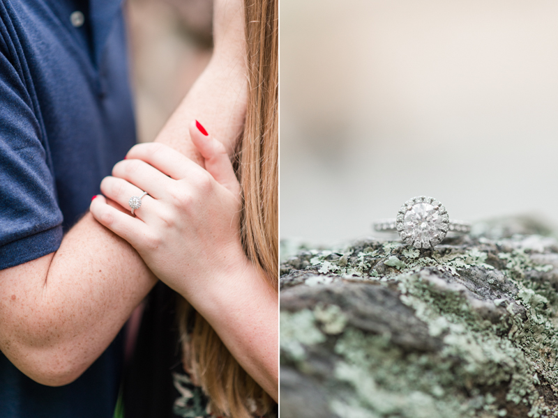 Couple at engagement session showing off ring