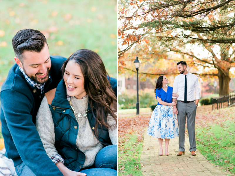 Couple at engagement session cuddling and wearing cute outfits