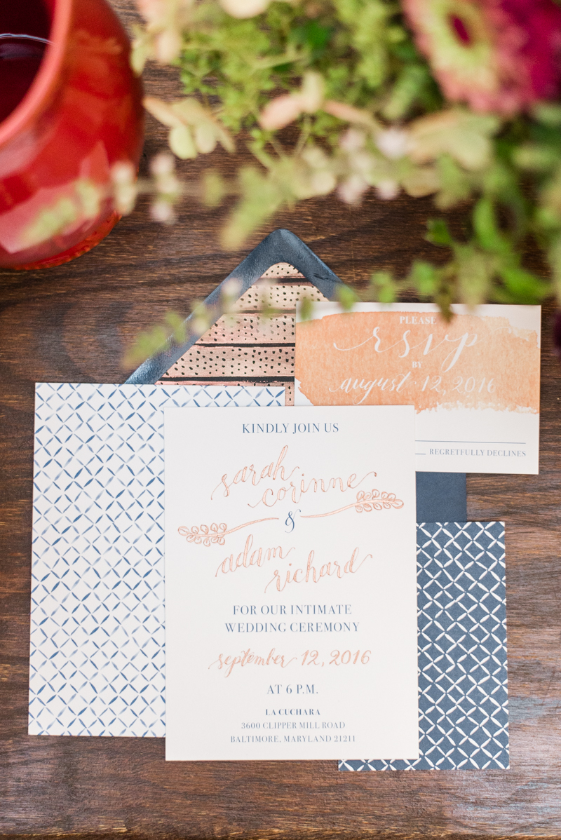 Wedding invitations at La Cuchara Baltimore styled shoot