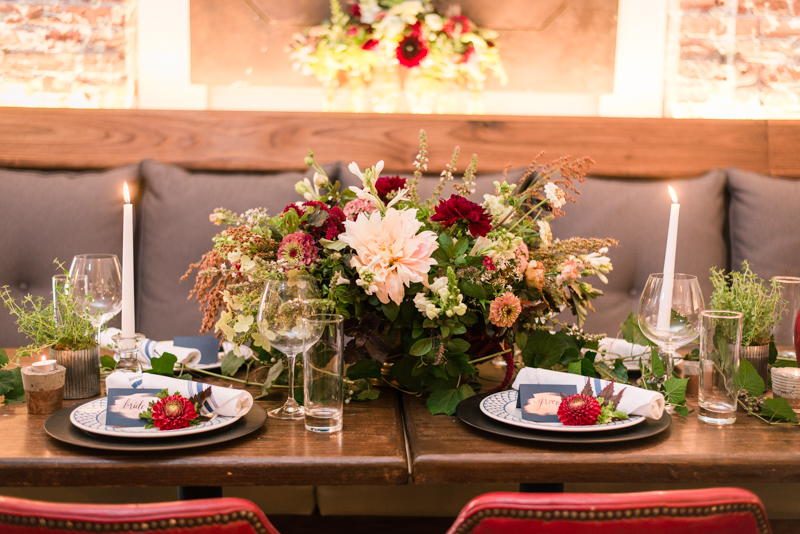 Wedding reception centerpiece florals by Local Color Flowers at La Cuchara Baltimore styled shoot