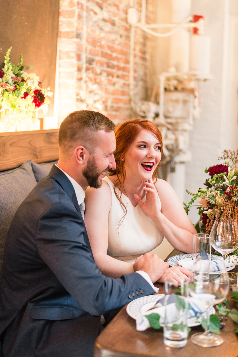 Wedding reception bride and groom at La Cuchara Baltimore styled shoot