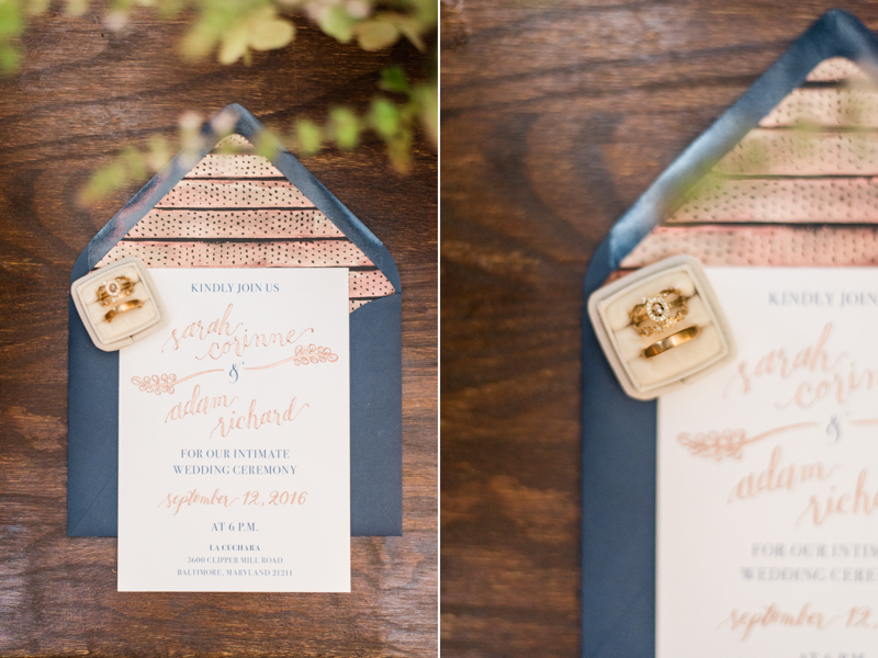 Wedding invitations and rings at La Cuchara Baltimore styled shoot