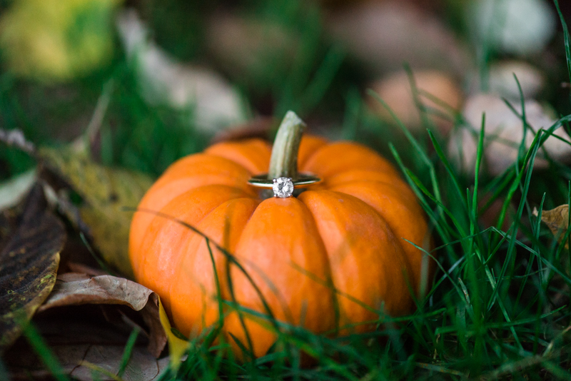 Fall pumpkin engagement ring in Gettysburg campground 