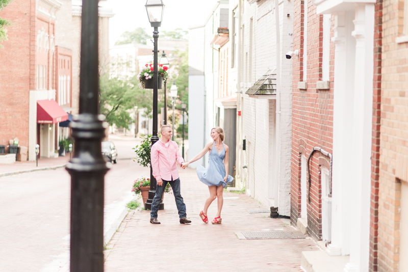 Wedding Photographers in Maryland Downtown Annapolis Engagement Session Sunrise Pastel Main Street Dancing