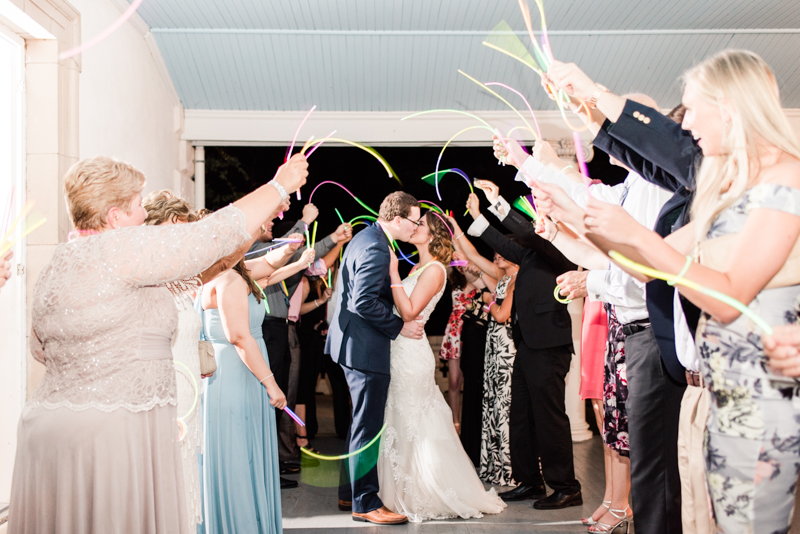 Wedding Photographers in Maryland Liriodendron Mansion Bel Air glow stick exit