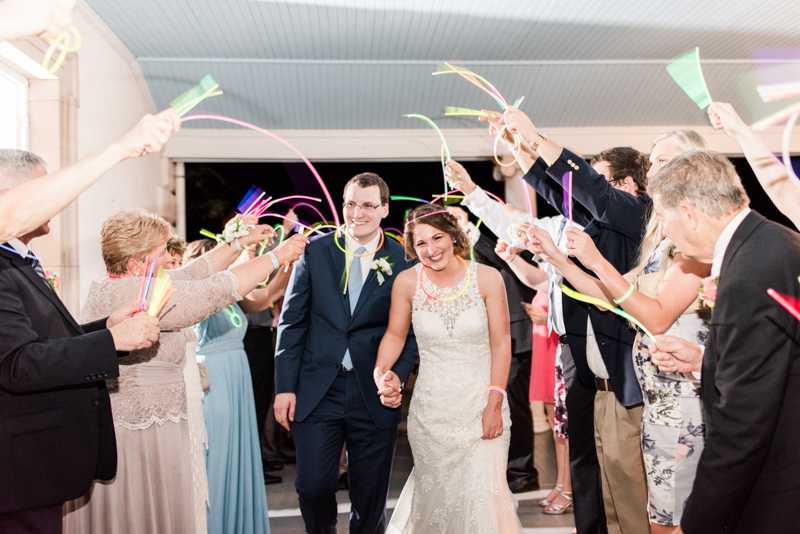 Wedding Photographers in Maryland Liriodendron Mansion Bel Air glow stick exit