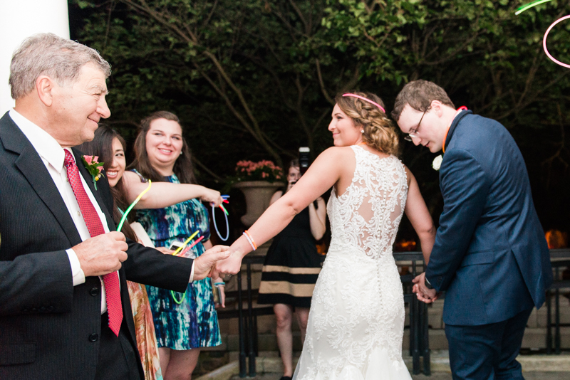 Wedding Photographers in Maryland Liriodendron Mansion Bel Air glow stick exit