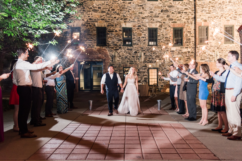 wedding photographers in maryland mt. washington mill dye house baltimore sparkler exit