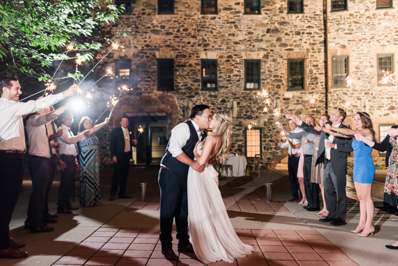 wedding photographers in maryland mt. washington mill dye house baltimore sparkler exit