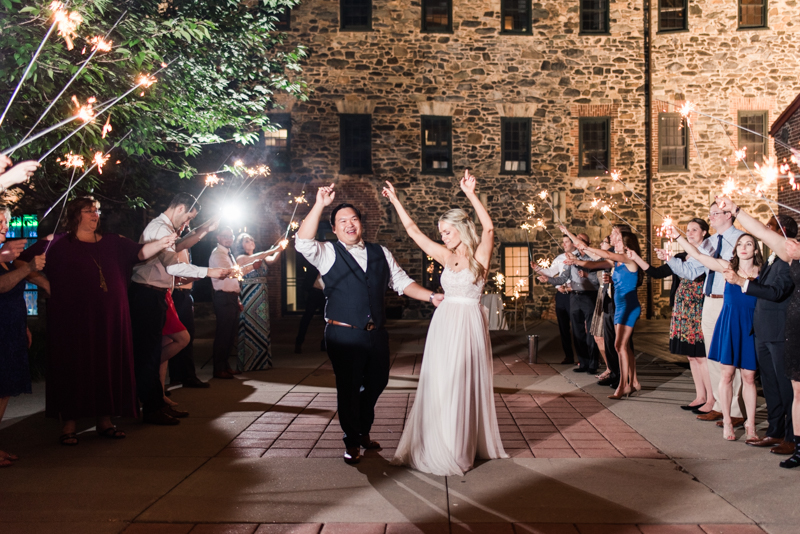 wedding photographers in maryland mt. washington mill dye house baltimore sparkler exit