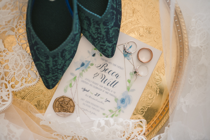 Industrial chic April wedding invitation suite and shoes in Baltimore City's Radisson Hotel by Britney Clause Photography