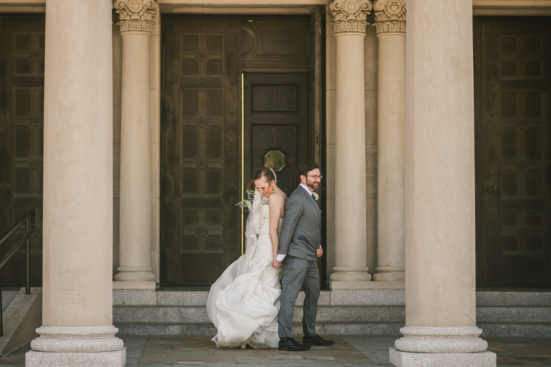 Industrial chic April wedding bride and groom's first look in Baltimore City's St. Joseph's Monastery Parish by Britney Clause Photography