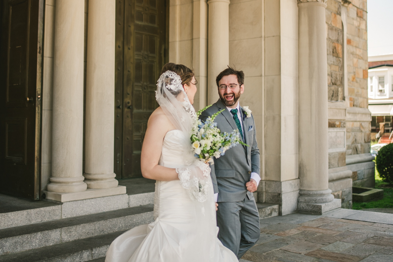 Industrial chic April wedding bride and groom's first look in Baltimore City's St. Joseph's Monastery Parish by Britney Clause Photography