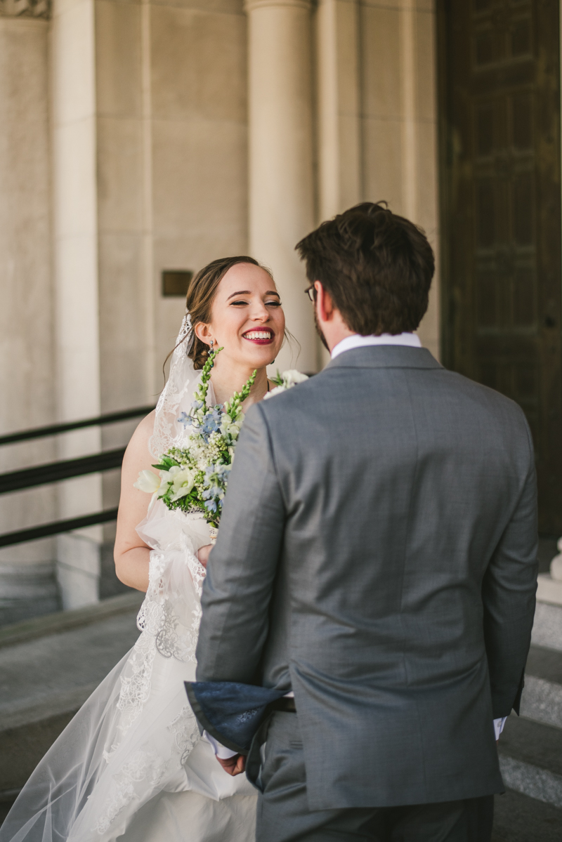 Industrial chic April wedding bride and groom's first look in Baltimore City's St. Joseph's Monastery Parish by Britney Clause Photography