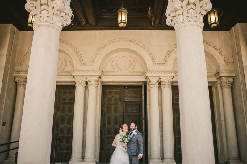 Industrial chic April wedding bride and groom's first look in Baltimore City's St. Joseph's Monastery Parish by Britney Clause Photography