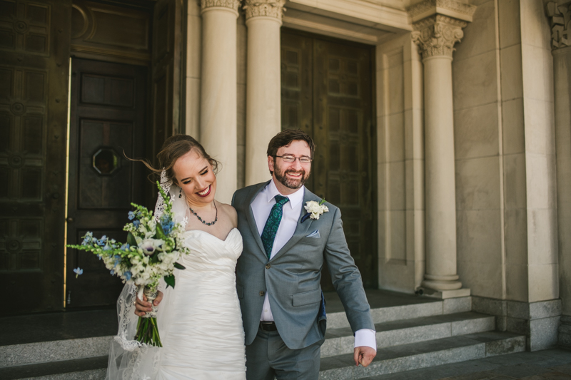 Industrial chic April wedding bride and groom's first look in Baltimore City's St. Joseph's Monastery Parish by Britney Clause Photography