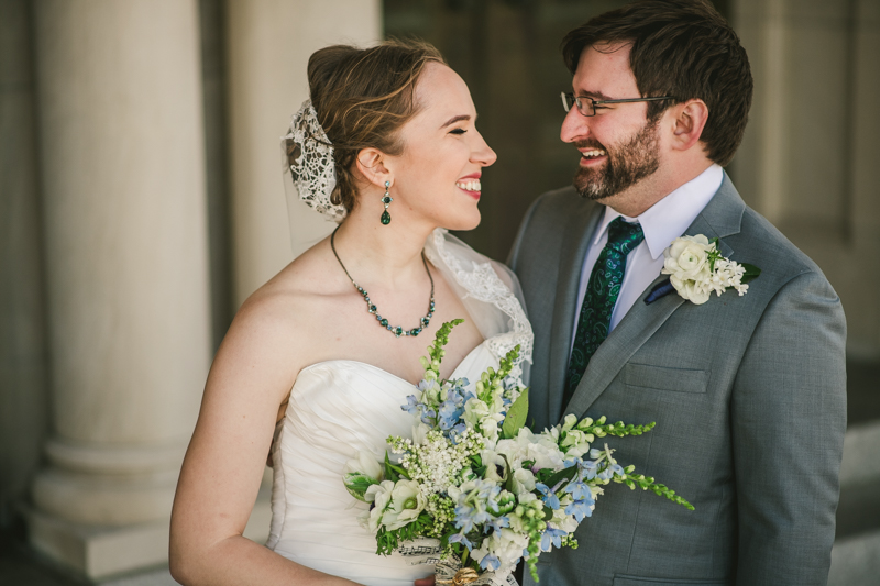 Industrial chic April wedding bride and groom's first look in Baltimore City's St. Joseph's Monastery Parish by Britney Clause Photography