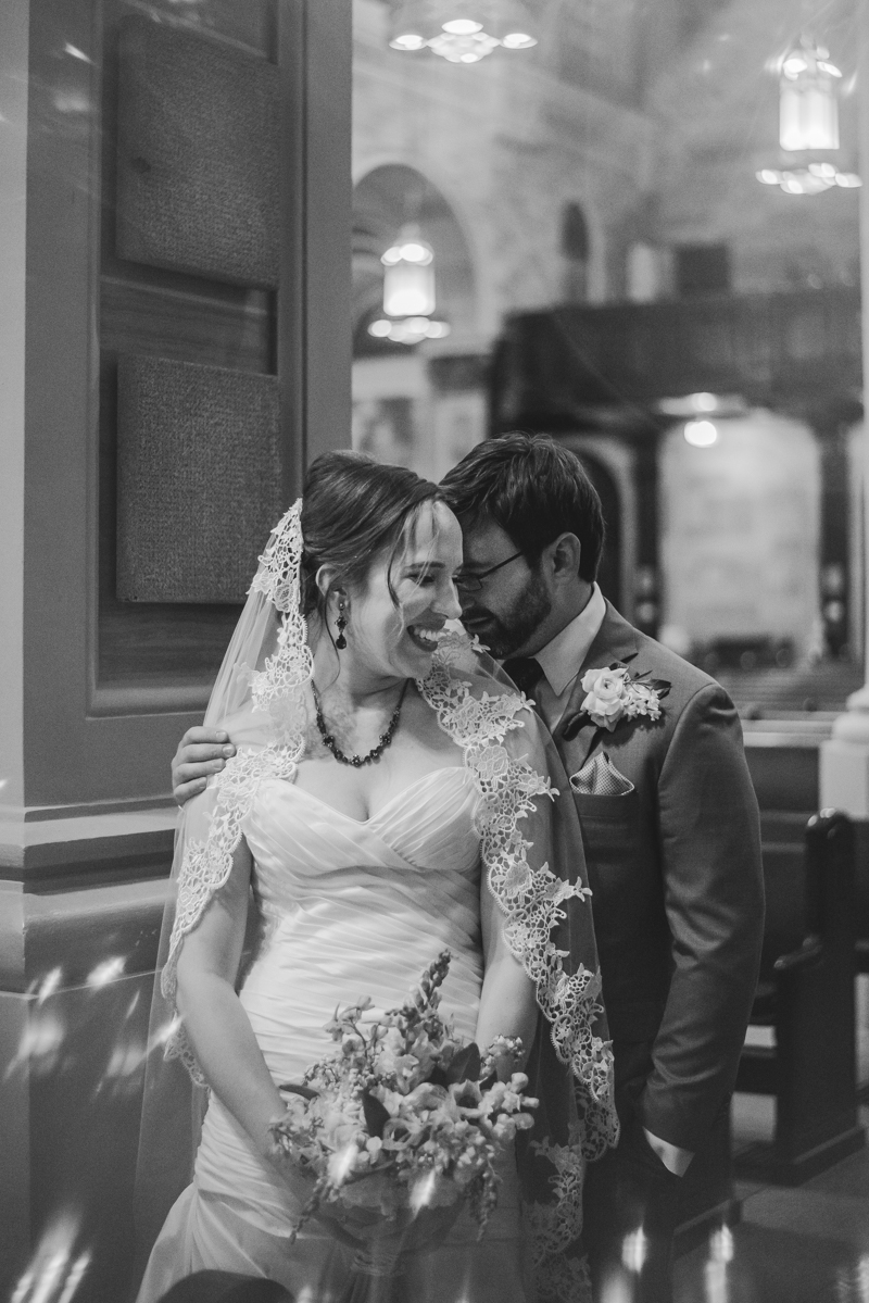 Industrial chic April wedding bride and groom portraits in Baltimore City St. Joseph's Monastery Parish by Britney Clause Photography