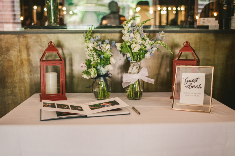 Industrial chic April wedding reception guest book table in Baltimore City at La Cuchara by Britney Clause Photography