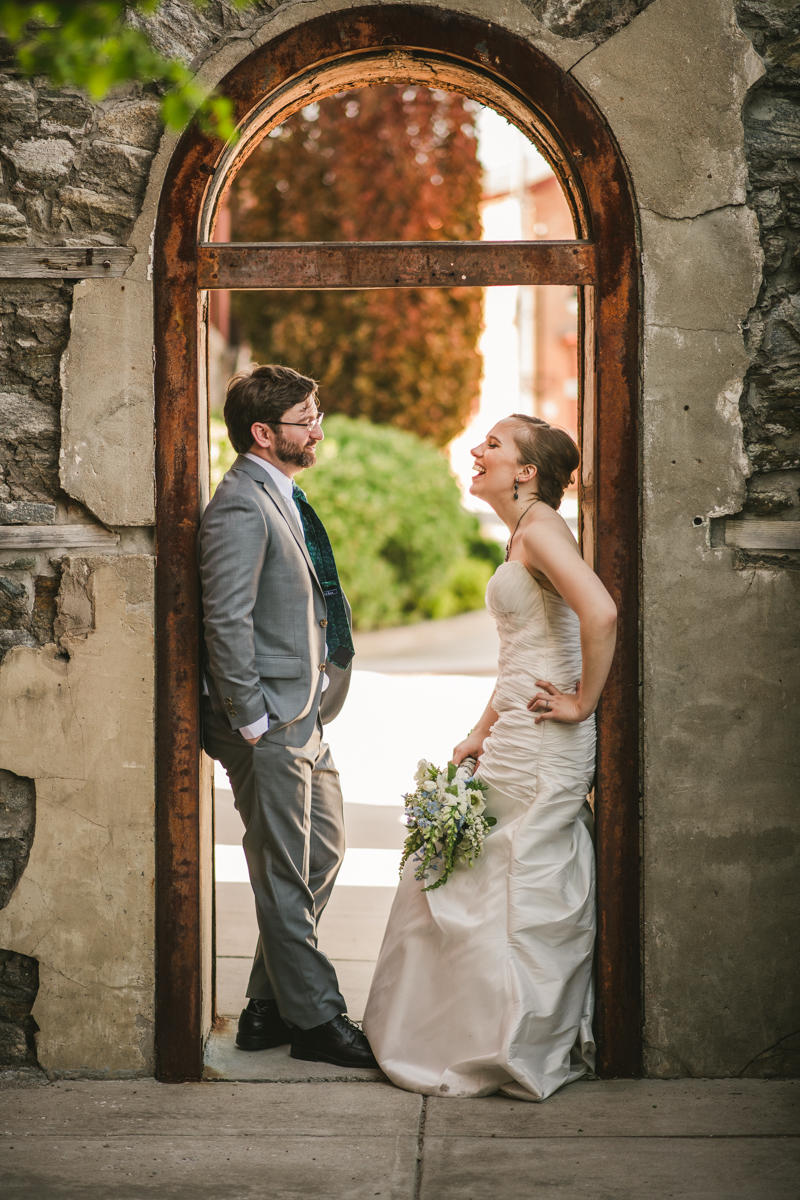 Industrial chic April wedding bride and groom portraits in Baltimore City at Clipper Mill by Britney Clause Photography