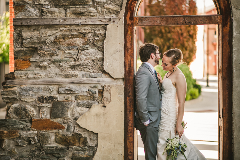 Industrial chic April wedding bride and groom portraits in Baltimore City at Clipper Mill by Britney Clause Photography