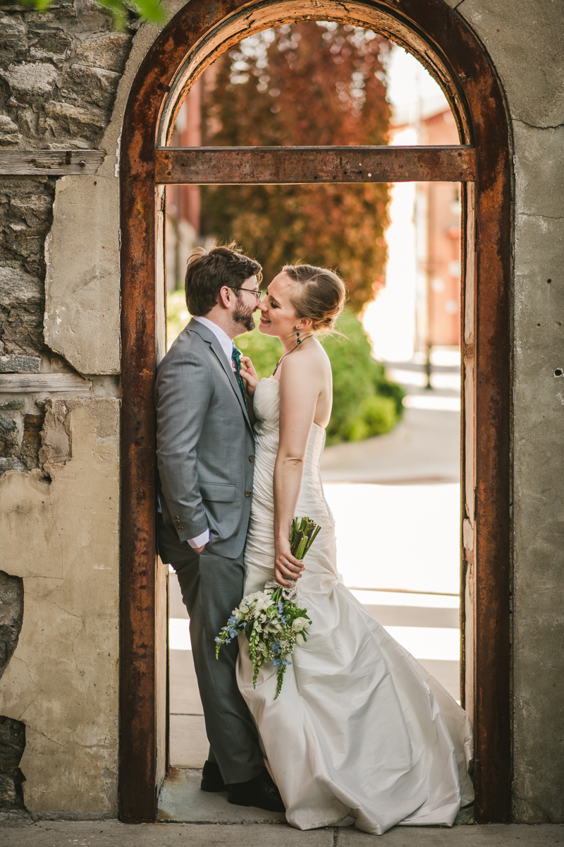 Industrial chic April wedding bride and groom portraits in Baltimore City at Clipper Mill by Britney Clause Photography