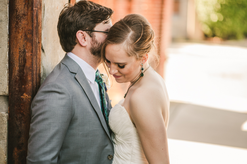 Industrial chic April wedding bride and groom portraits in Baltimore City at Clipper Mill by Britney Clause Photography