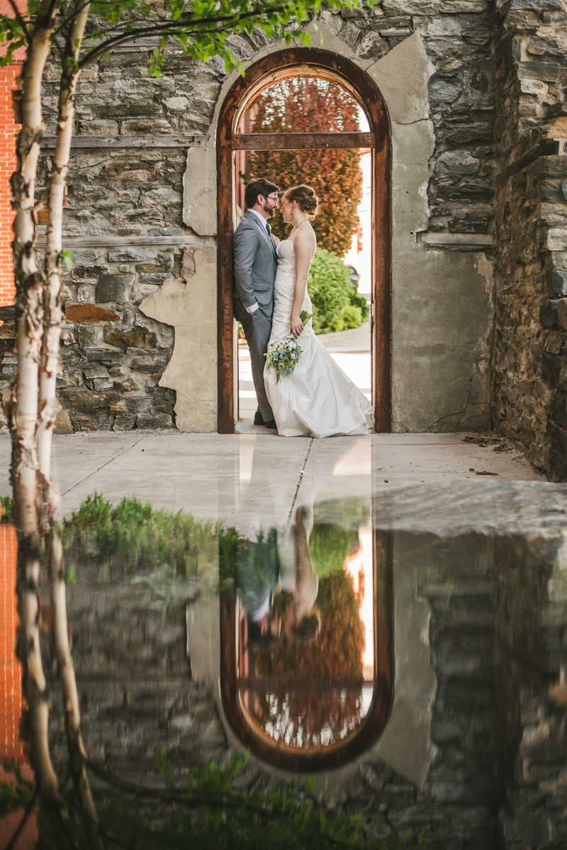 Industrial chic April wedding bride and groom portraits in Baltimore City at Clipper Mill by Britney Clause Photography