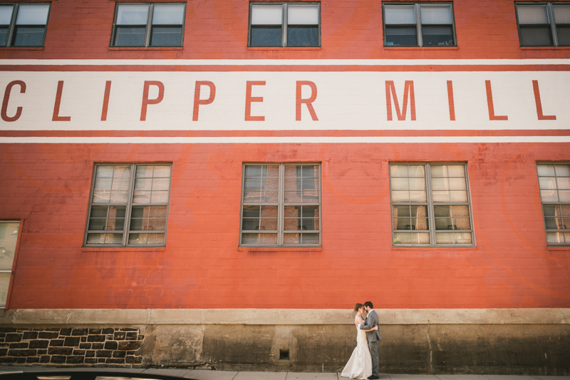 Industrial chic April wedding bride and groom portraits in Baltimore City at Clipper Mill by Britney Clause Photography