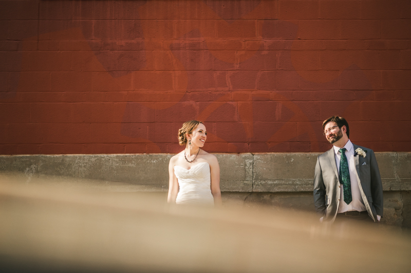 Industrial chic April wedding bride and groom portraits in Baltimore City at Clipper Mill by Britney Clause Photography