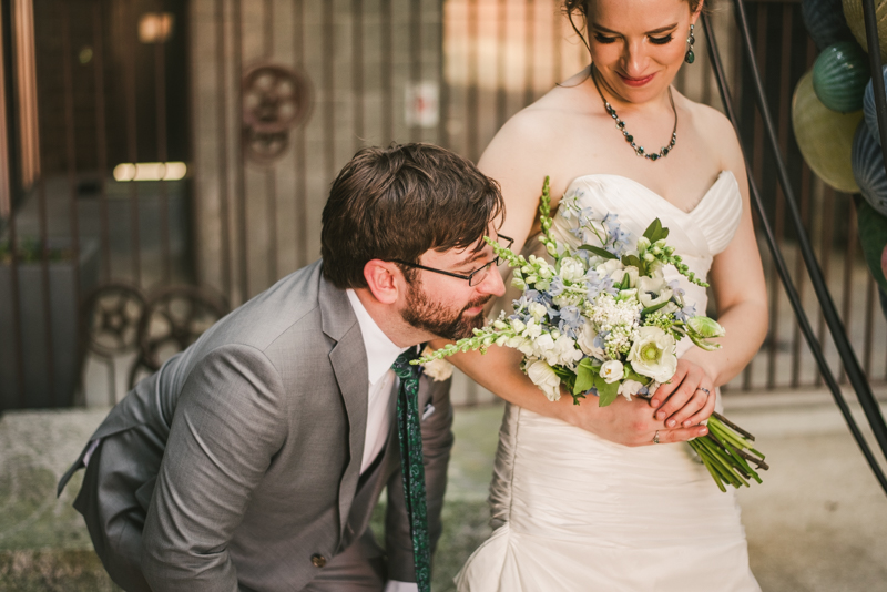 Industrial chic April wedding bride and groom portraits in Baltimore City at Clipper Mill by Britney Clause Photography