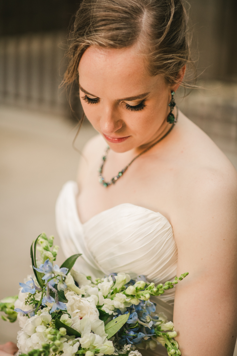 Industrial chic April wedding bride and groom portraits in Baltimore City at Clipper Mill by Britney Clause Photography