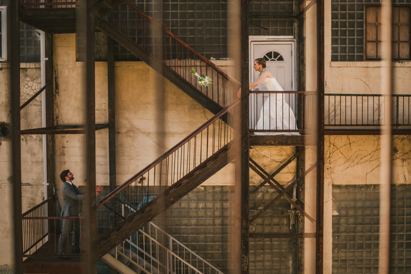 Industrial chic April wedding bride and groom portraits in Baltimore City at Clipper Mill by Britney Clause Photography