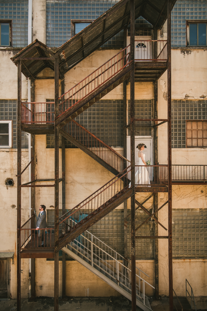 Industrial chic April wedding bride and groom portraits in Baltimore City at Clipper Mill by Britney Clause Photography