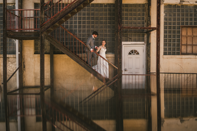 Industrial chic April wedding bride and groom portraits in Baltimore City at Clipper Mill by Britney Clause Photography