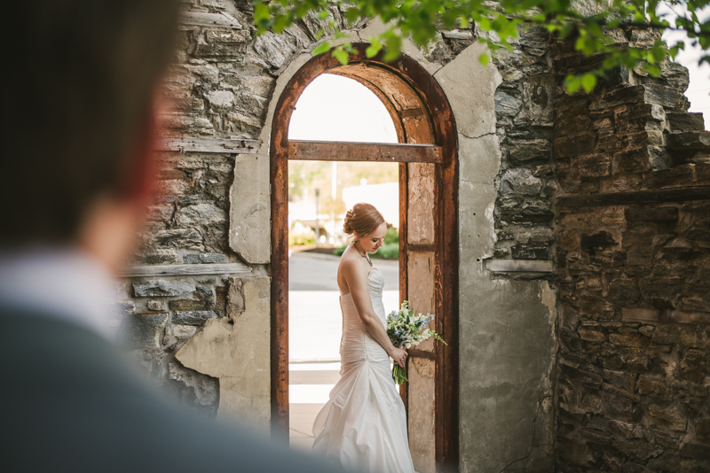 Industrial chic April wedding bride and groom portraits in Baltimore City at Clipper Mill by Britney Clause Photography