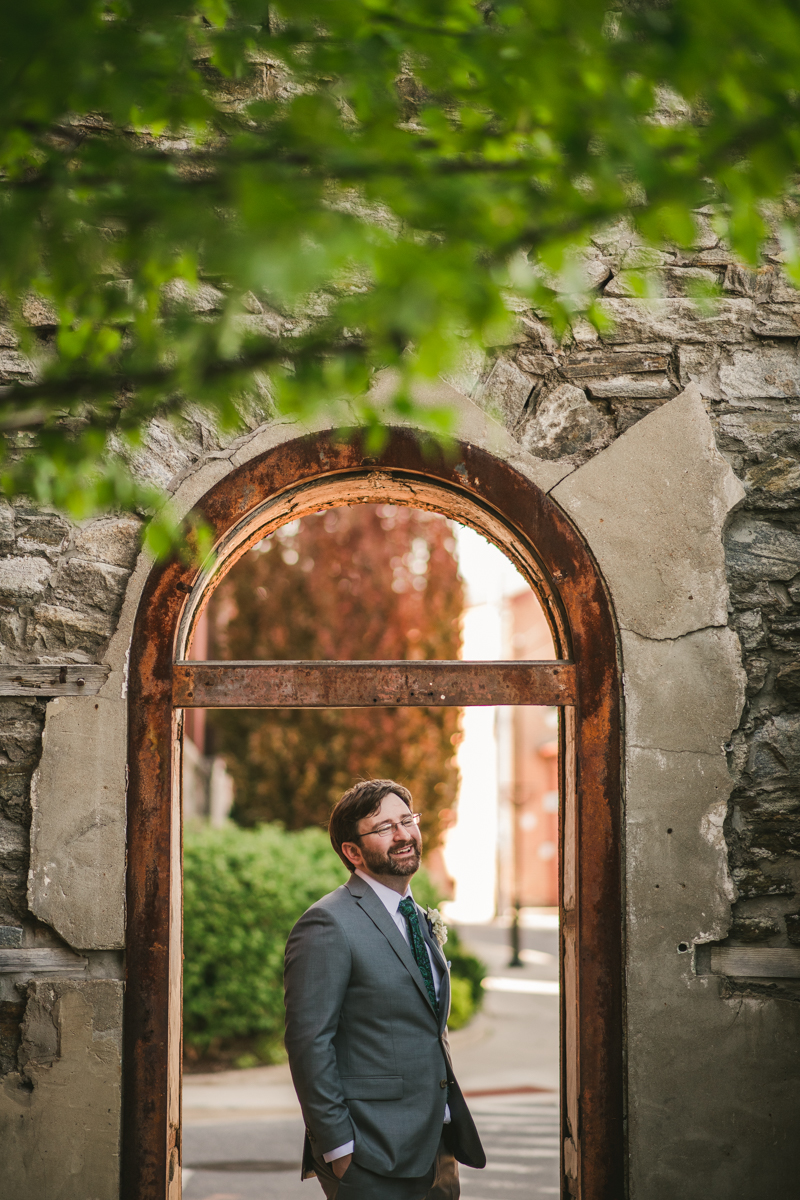 Industrial chic April wedding bride and groom portraits in Baltimore City at Clipper Mill by Britney Clause Photography