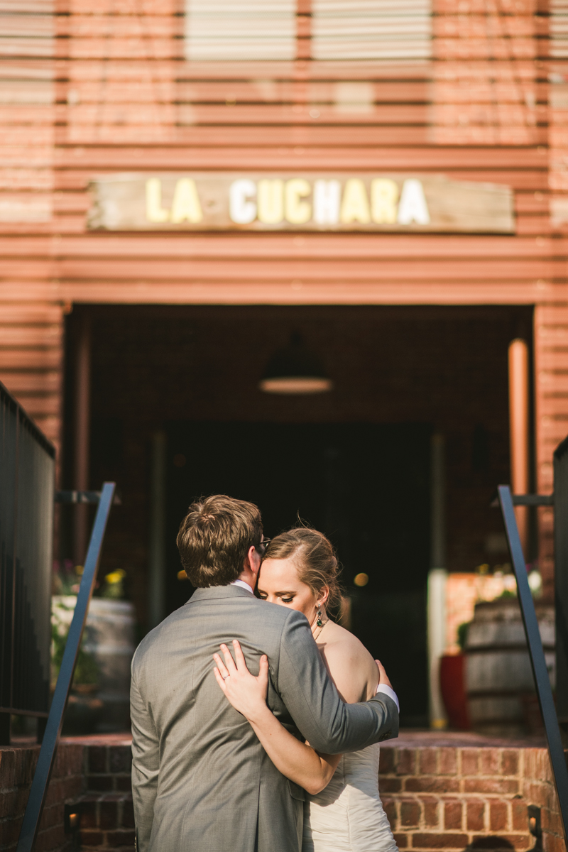 Industrial chic April wedding bride and groom portraits in Baltimore City at La Cuchara by Britney Clause Photography