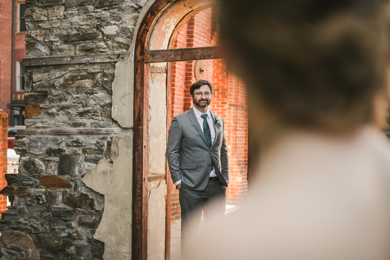 Industrial chic April wedding bride and groom portraits in Baltimore City at Clipper Mill by Britney Clause Photography