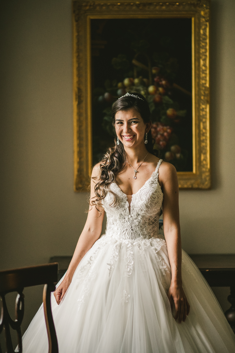 A beautiful stormy April wedding at Springfield Manor in Thurmont Maryland stunning bridal portrait in main parlor