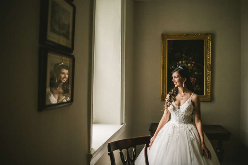 A beautiful stormy April wedding at Springfield Manor in Thurmont Maryland stunning bridal portrait in main parlor