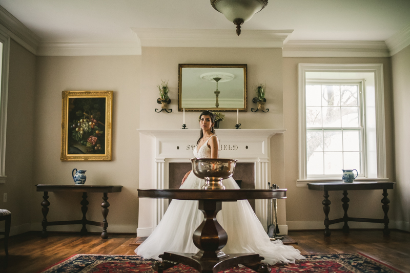 A beautiful stormy April wedding at Springfield Manor in Thurmont Maryland stunning bridal portrait in main parlor