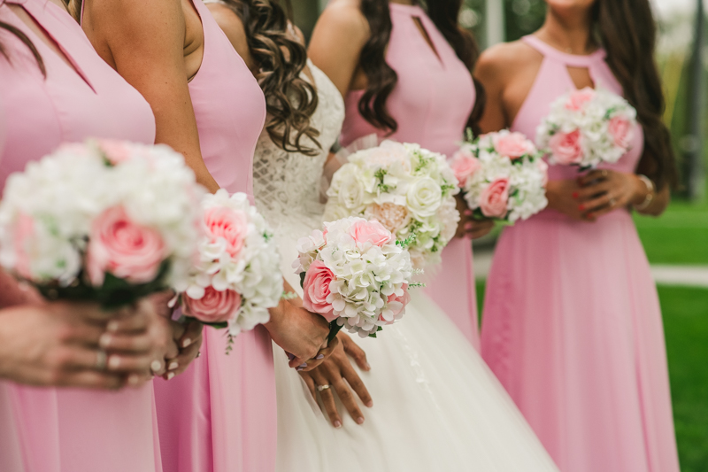 A beautiful stormy April wedding at Springfield Manor in Thurmont Maryland pink bridesmaids dresses from Azazie with DIY bouquets