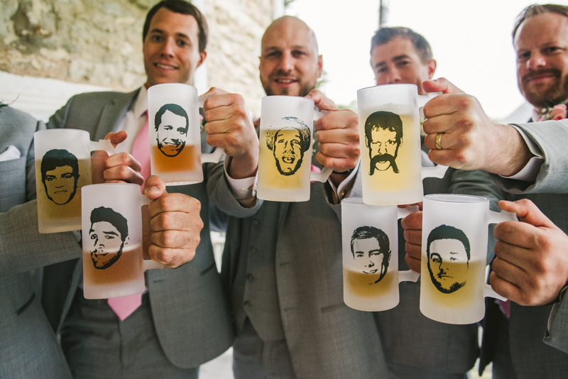 A beautiful stormy April wedding at Springfield Manor in Thurmont Maryland groomsmen with custom beer stein gifts from Etsy