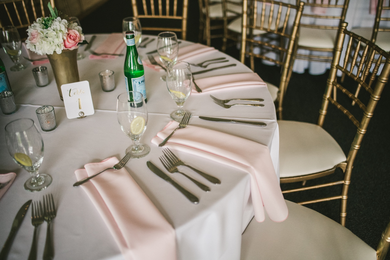 A beautiful stormy April wedding reception table setting at Springfield Manor in Thurmont Maryland 