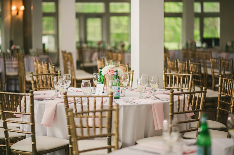 A beautiful stormy April wedding reception table setting at Springfield Manor in Thurmont Maryland 