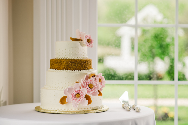 A beautiful stormy April wedding reception wedding cake from Cakes and Confections at Springfield Manor in Thurmont Maryland 