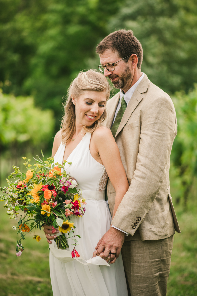 Gorgeous summer wedding bride and groom portraits at Rocklands Farm Winery in Poolesville, Maryland by Britney Clause Photography a husband and wife wedding photographer team in Maryland