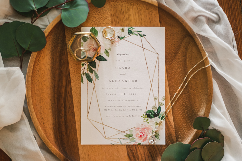 A gorgeous August wedding invitation suite from Zazzle at Liriodendron Mansion in Bel Air, Maryland by Britney Clause Photography