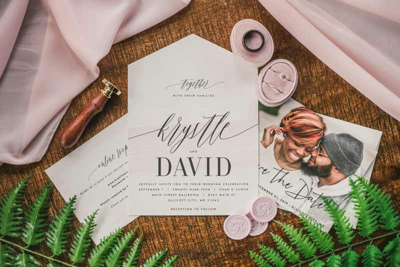 Beautiful Minted wedding invitation at Main Street Ballroom in Ellicott City by Britney Clause Photography